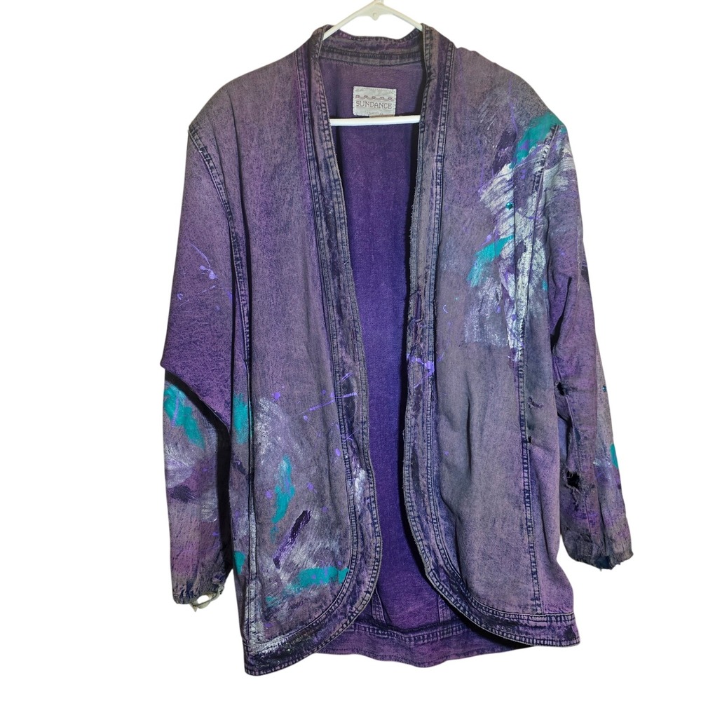 VINTAGE SUNDANCE 1980s Purple‎ jacket coat Size Medium Denim Painted Oversize